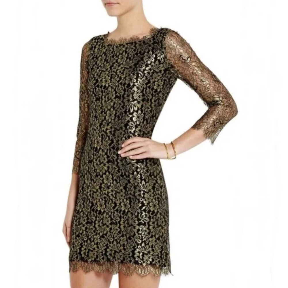 Diane Von Furstenberg Gold Zarita Stretch Lace Shift Dress Size 6
